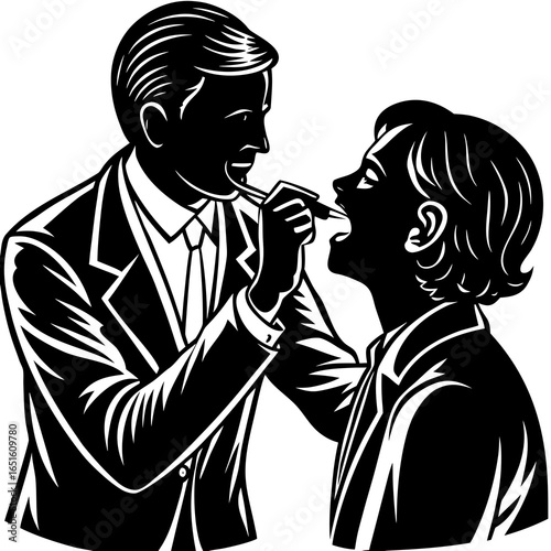 Doctor examining a childs throat with a tongue depressor on white background medical healthcare