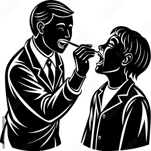 Doctor examining a childs throat with a tongue depressor on white background medical healthcare