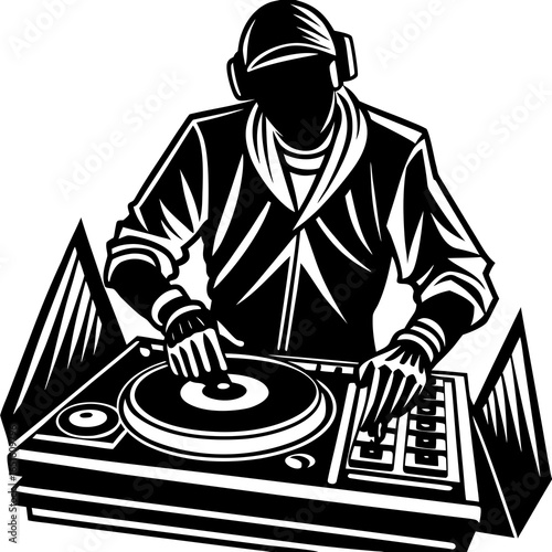 DJ with headphones playing on turntables and mixer on white background disc jockey music
