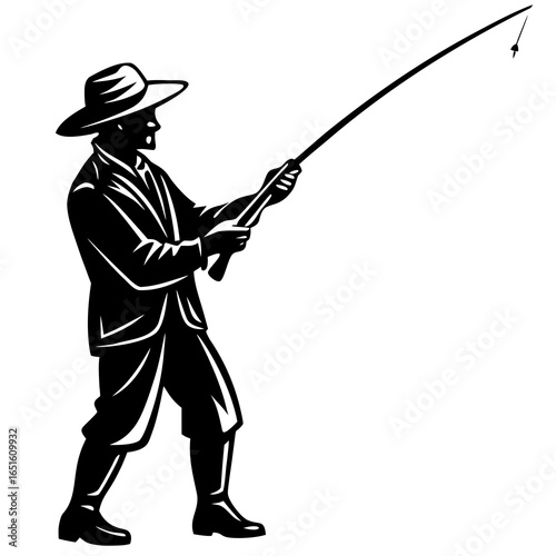 Fisherman casting a fishing rod with a lure and line Keywords: fisherman, fishing, rod, casting, lure, line, angling, hobby, sport, recreation, outdoors, water, activity, silhouette, black and