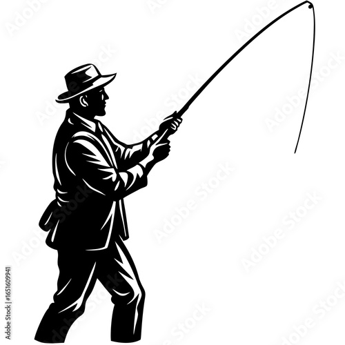 Fisherman holding a bent fishing rod with a taut line Keywords: fisherman, fishing, rod, holding, bent, taut, line, angling, hobby, sport, recreation, outdoors, water, activity, silhouette, black