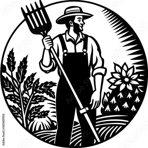 Farmer with a pitchfork in a circular emblem with crops and sun Keywords: farmer, farming, pitchfork, crops, agriculture, rural, emblem, circular, sun, harvest, cultivation, growth, nature, man