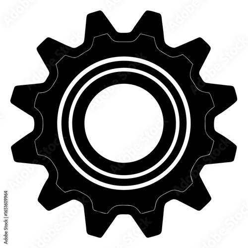 Black silhouette of a single gear with twelve teeth and a central circular opening on a white background