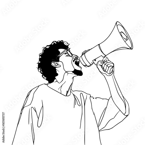 Line art of a man with curly hair shouting into a megaphone with a white background in black and white