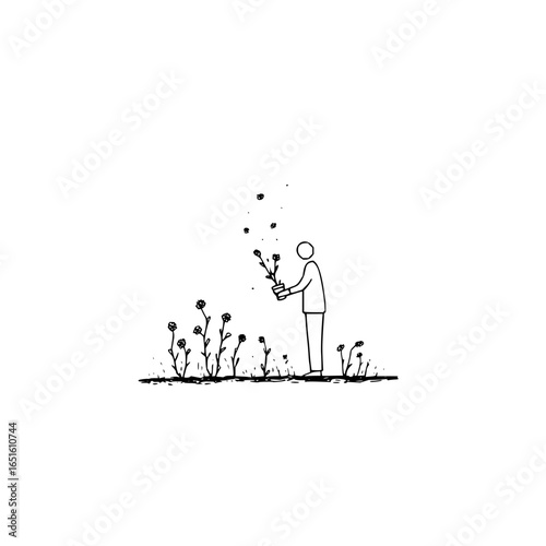 Person planting flowers from a pot into a field with existing flowers in a simple line drawing style