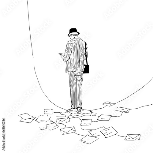 Man in suit and hat stands amidst scattered envelopes reading a document in black and white drawing
