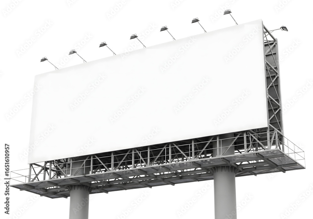 Obraz premium Large blank billboard isolated on white background, empty outdoor advertising board with lights for commercial promotion, marketing, brand awareness, street advertising, and public display banner
