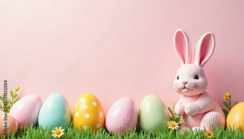 Obraz premium Pastel Easter eggs & bunnies on light background, floral, happy