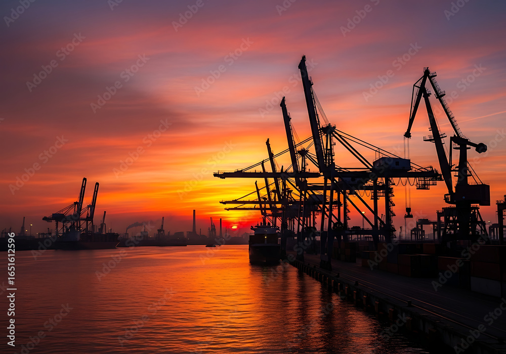 Obraz premium Sunset Port Cranes Cargo Shipping Industry