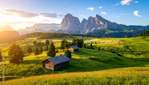 Fototapeta Naklejka Na Ścianę i Meble -  Picturesque alpine valley with wooden chalets under a vibrant sunrise.