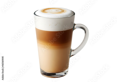 Delicious three layer latte with latte art, served in glass mug, on transparent background