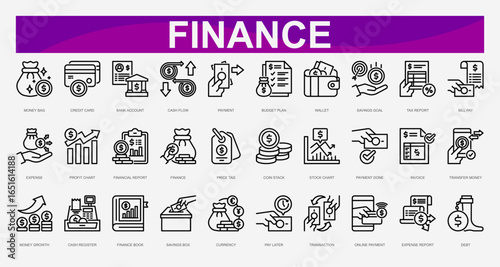 Finance line Icons set. Vector illustration. Money Bag, Credit Card, Bank Account, Cash Flow, Payment, Budget Plan, Wallet, Savings Goal, Tax Report, Bill Pay.Vector illustration