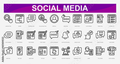 Social Media line Icons set. Vector illustration. Like Button, Share, Comment Box, Follow Button, Profile, Message, News Feed, Live Stream, Video Call, Friend List. Vector illustration