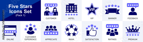 Five Stars Icons Set for customer feedback hotel ratings vip satisfaction online review premium service ranking