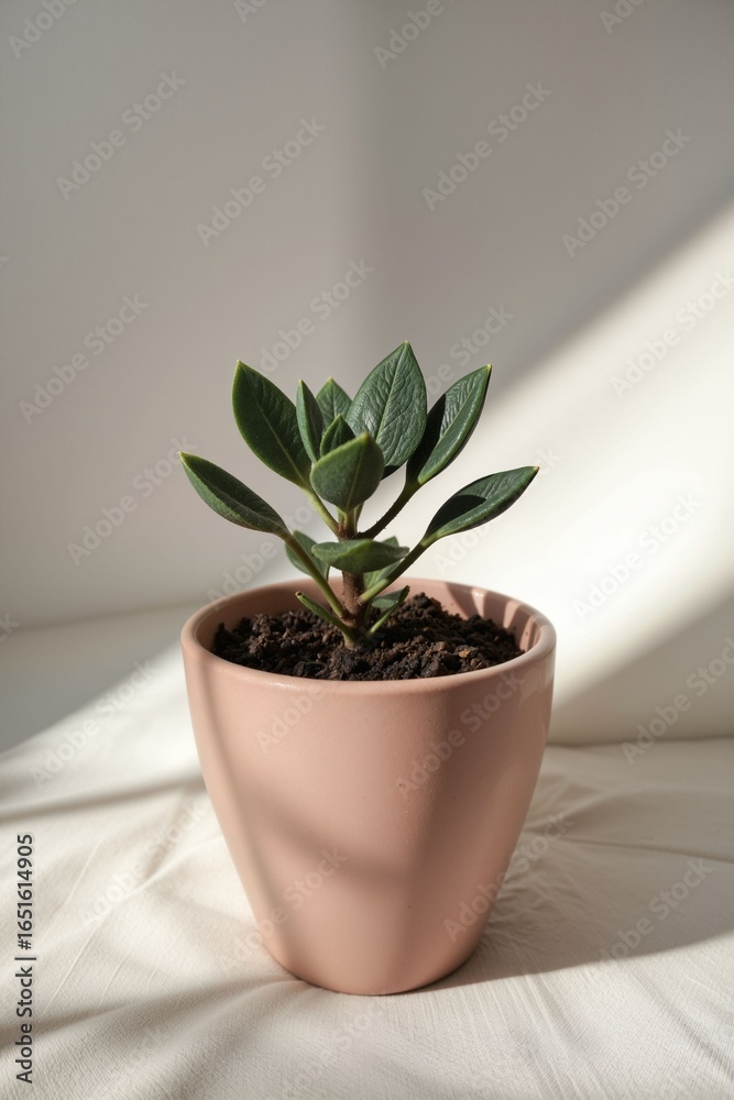 Fototapeta premium Small Green Plant in Pink Pot on Light Background with Shadow Play