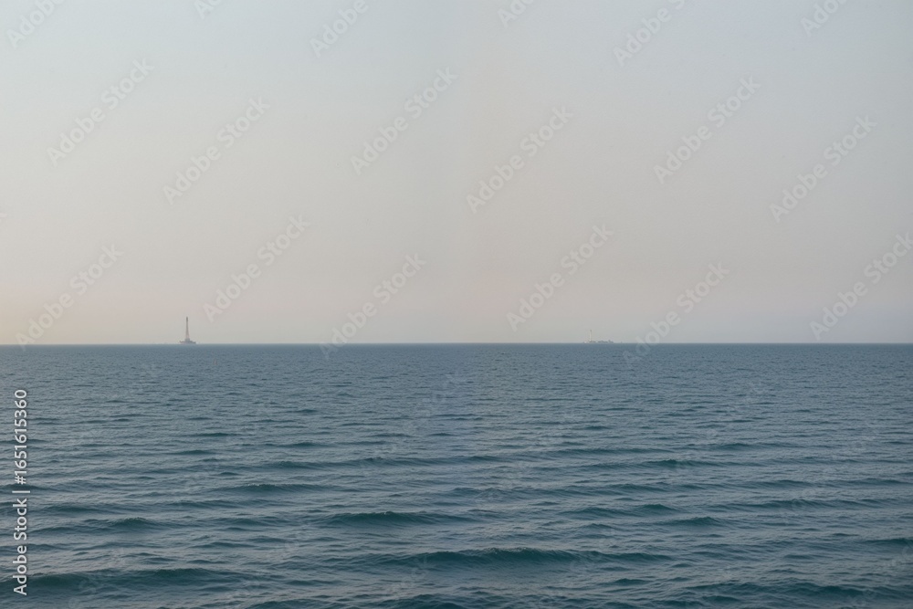 Obraz premium Calm Ocean Horizon with Oil Rig and Soft Sky Background at Dusk