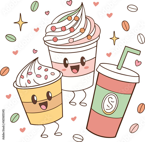 cute kawaii drinks and desserts with happy faces