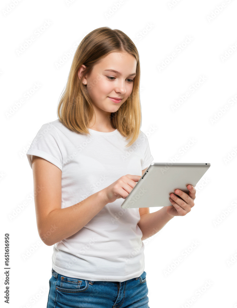 Young girl engaging with tablet indoor setting portrait shot technology concept isolated on transparent background Young girl engaging with tablet indoor setting portrait shot technology concept isolated on transparent background