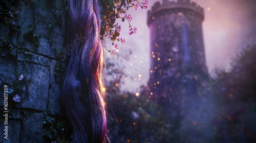 A whimsical depiction of Rapunzel's long hair cascading from a tower