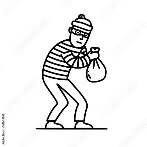 A cartoon thief in a striped shirt and mask holding a bag of loot in a black and white line drawing
