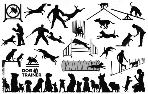 Dog Training Silhouettes Pack: A detailed collection of silhouettes capturing various dog training activities.