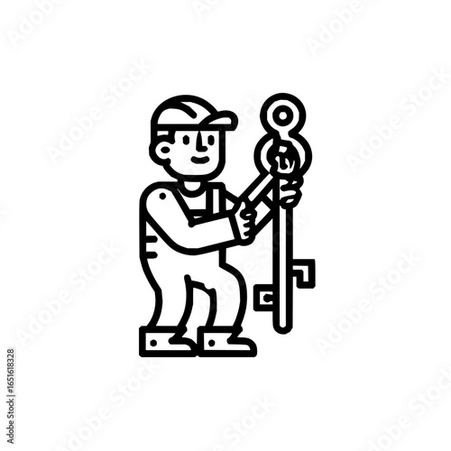 Illustration of a locksmith holding a large key with a cap and overalls in a cartoon style