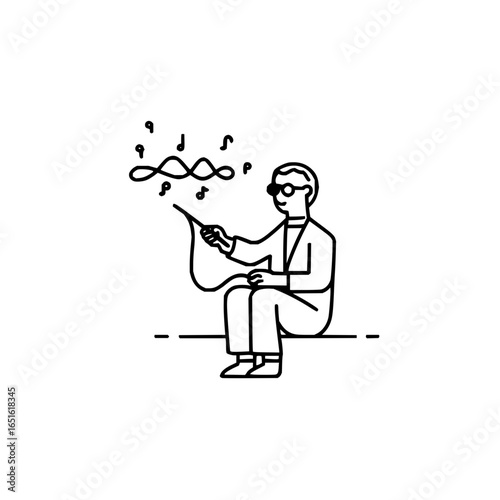 A minimalist line drawing of a conductor with music notes and a baton on a white background art