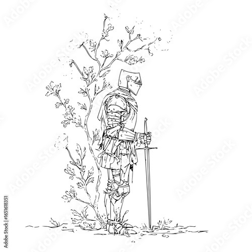 Illustration of a knight in full armor standing beside a tree with a sword in his hand drawn in black lines