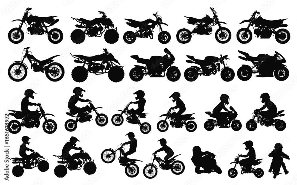 Fototapeta premium Motorcycle Silhouettes Collection: A diverse collection of detailed motorcycle silhouettes, showcasing a variety of models in different poses, perfect for design projects. 