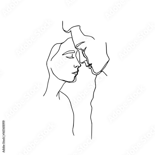Continuous line drawing of a couple with their faces close together in an intimate moment of love
