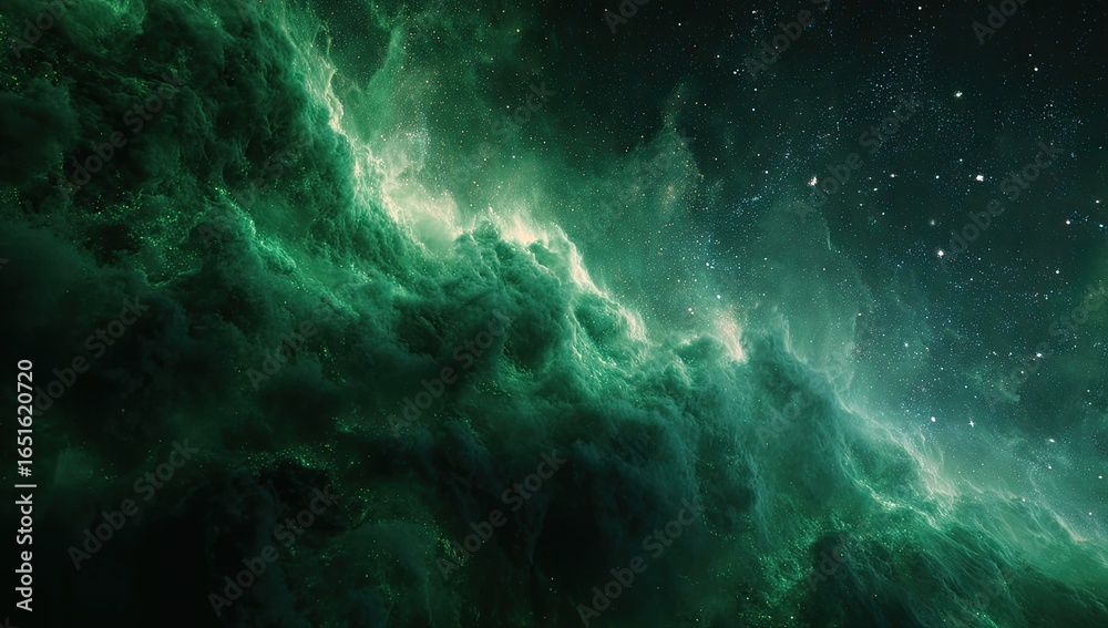 custom made wallpaper toronto digitalEmerald nebula swirls across a dark, star-speckled cosmic expanse, glowing with ethereal green luminescence and subtle yellow highlights