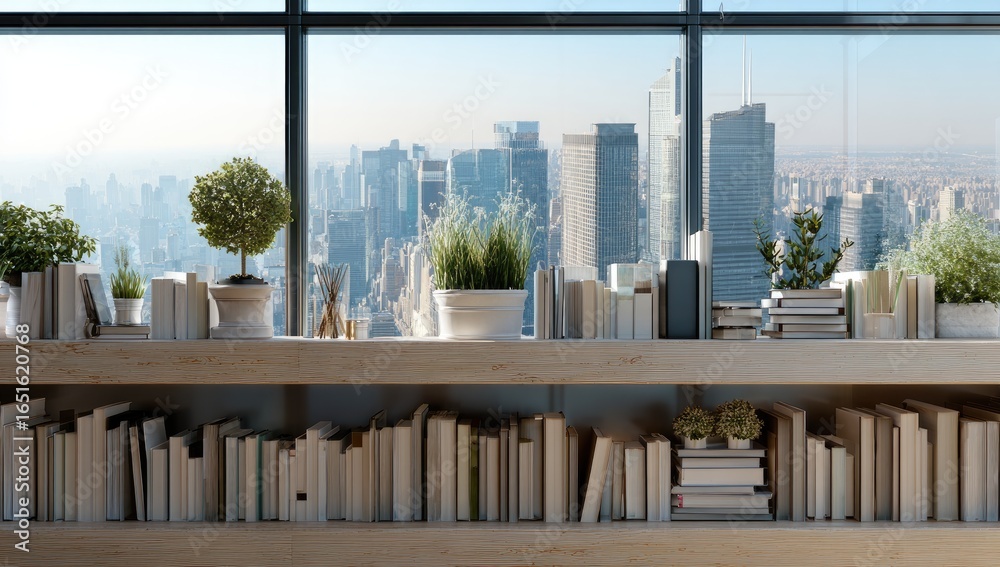 Fototapeta premium Modern urban bookshelf with city view