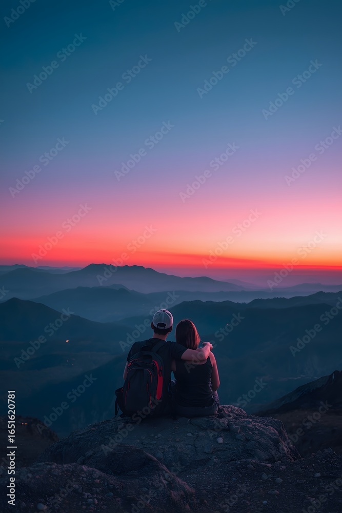 Fototapeta premium Romantic couple sitting on mountain cliff at sunset embracing while watching colorful sky and panoramic landscape, symbolizing love, adventure, travel, nature connection, and peaceful moment together