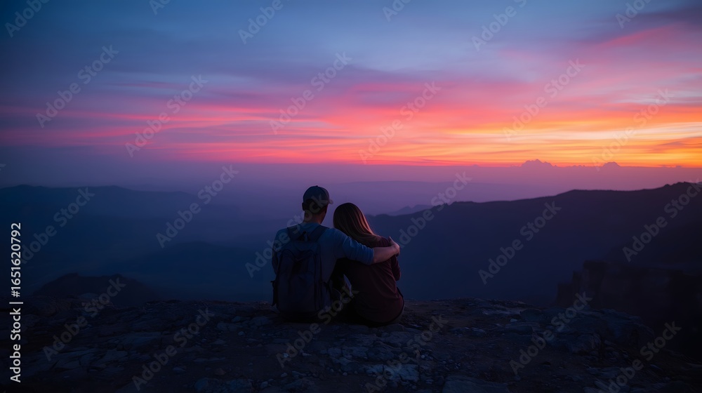Obraz premium Romantic couple sitting on mountain cliff at sunset embracing while watching colorful sky and panoramic landscape, symbolizing love, adventure, travel, nature connection, and peaceful moment together