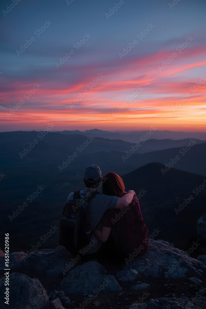 Fototapeta premium Romantic couple sitting on mountain cliff at sunset embracing while watching colorful sky and panoramic landscape, symbolizing love, adventure, travel, nature connection, and peaceful moment together