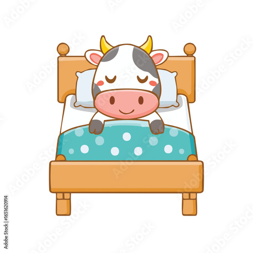 A cute cow sleeping soundly in a comfortable bed. The cow is lying on its back, with its eyes closed and a peaceful expression on its face