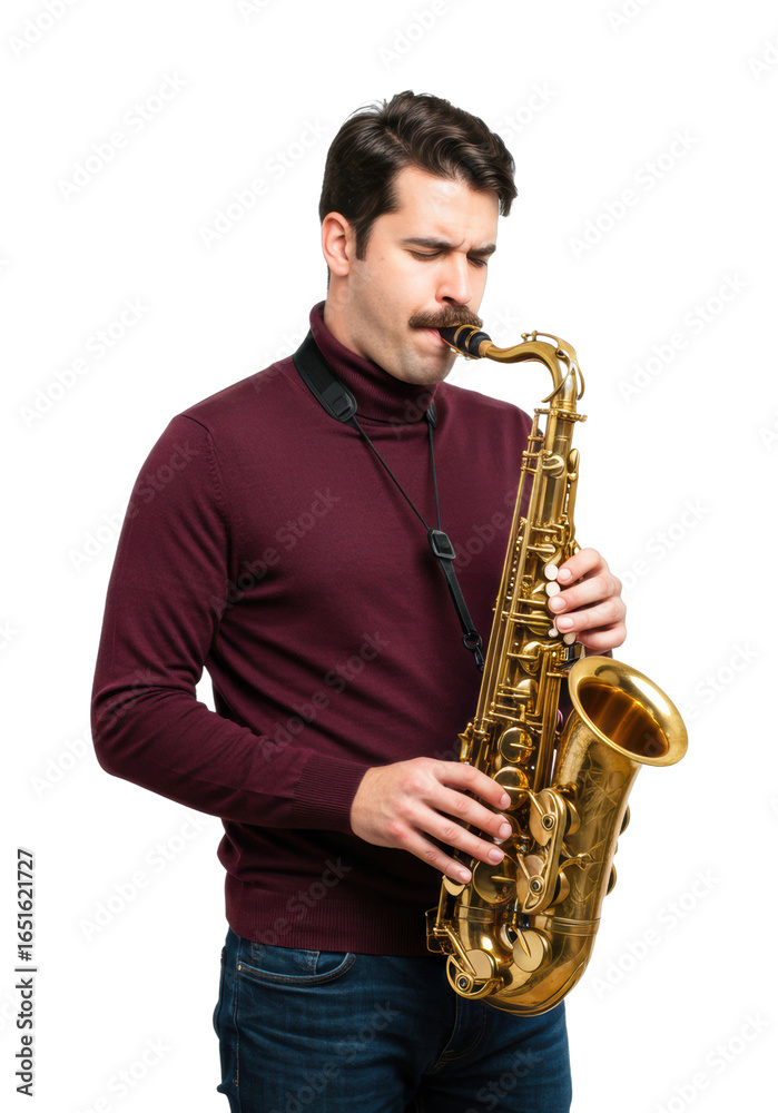 Fototapeta premium Saxophone performance in studio musician playing jazz creative environment artistic expression isolated on transparent background