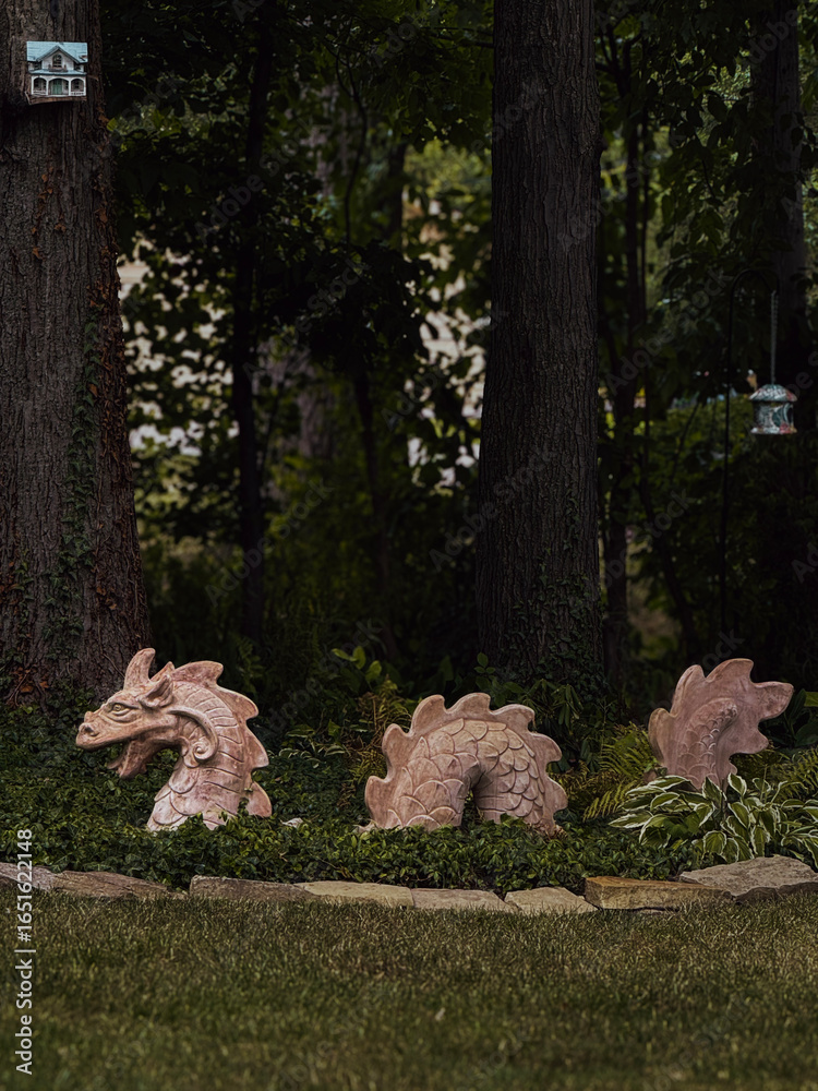 Fototapeta premium Decorative dragon sculpture appearing from the ground in a garden, surrounded by greenery and trees, creating a fantasy and magical atmosphere