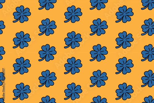 Four lead clover seamless pattern on yellow background for merchandise. Lucky charm gambling colorful doodle pattern background. Casino poker lucky isolated motif wallpaper. Vector Illustration