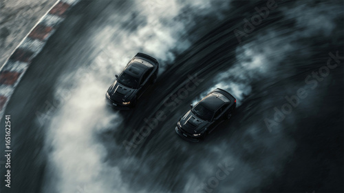Drifting black cars on racetrack create dynamic smoke clouds in aerial view, showcasing thrilling speed and precision