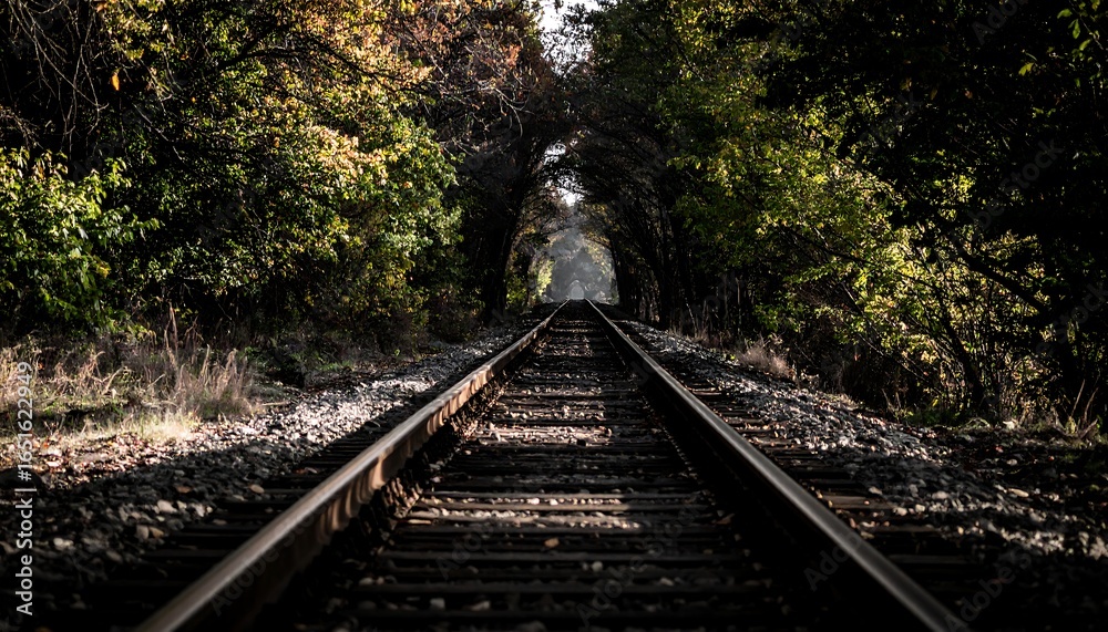 Fototapeta premium Railroad tracks through a tunnel of trees.