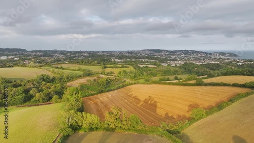 Colors of Fields and Farms over Torquay from a drone, Torbay, Devon, England, Europe	