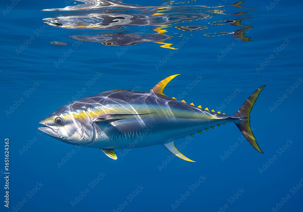 Fototapeta premium A yellowfin tuna swimming in blue water