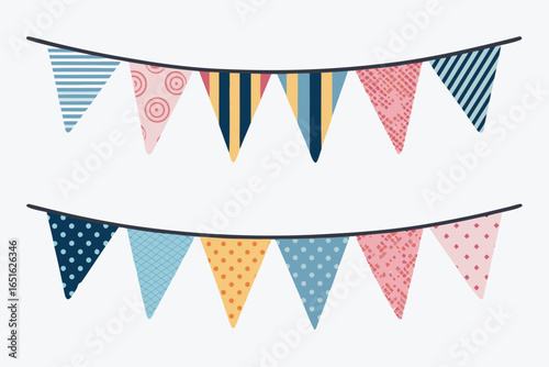 Colorful triangular pennant banners with various patterns on strings hanging down