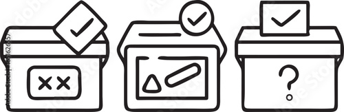 Three hand drawn voting boxes with checkmarks and question mark ballot box election