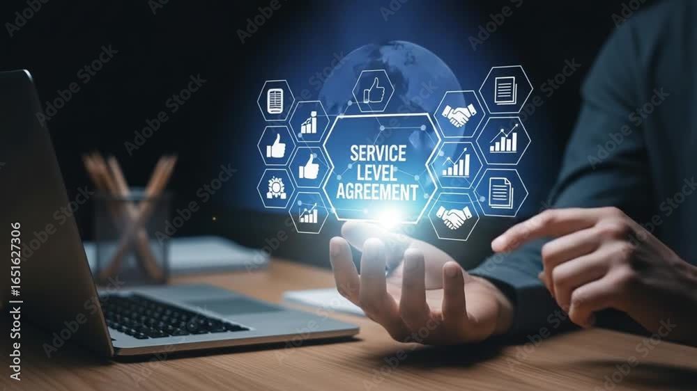 A person holding a service level agreement graphic with a laptop on a wooden desk surface near hand
