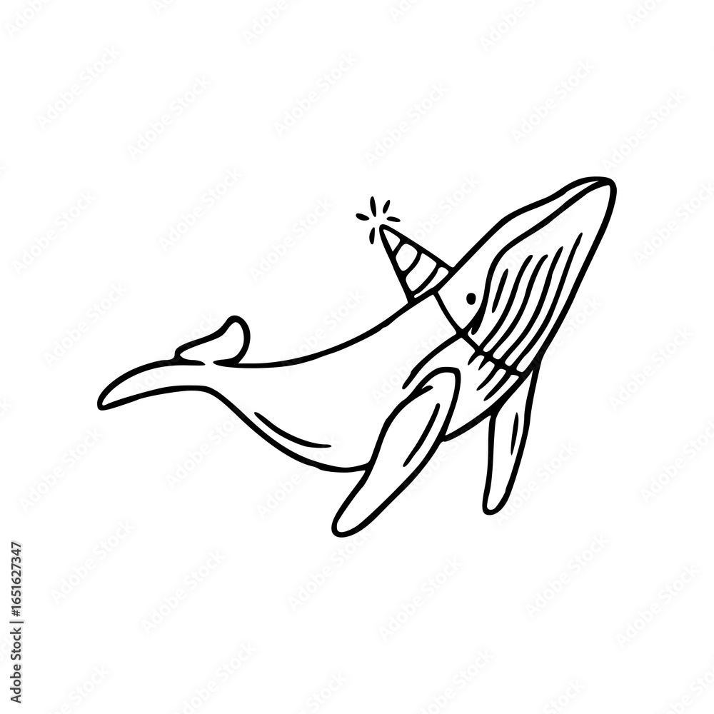 Fototapeta premium party whale with cone hat drawing