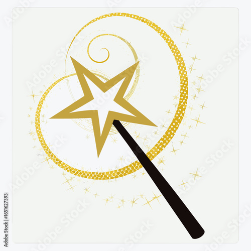 Golden magic wand with star and sparkles on white background illustration