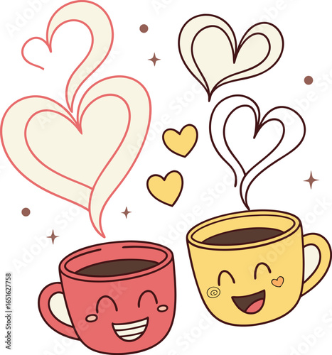 cute coffee cups with love hearts and smile