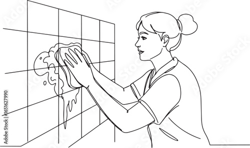 Line drawing of a woman meticulously scrubbing tiles with a spon